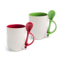 Taza recta blanca / Interior Color con Cucharita de cerámica Importada - AAA / para Sublimar